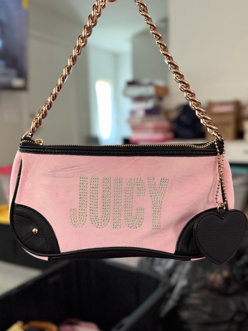 Juicy Couture Pink and Black Rhinestone Logo Shoulder Bag